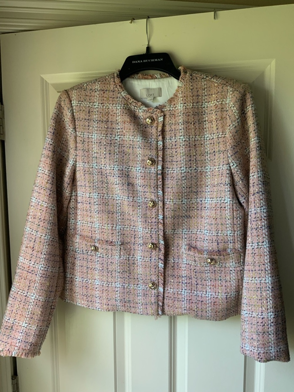 LOFT Pink Tweed Collarless Jacket with Gold Buttons never worn string attached